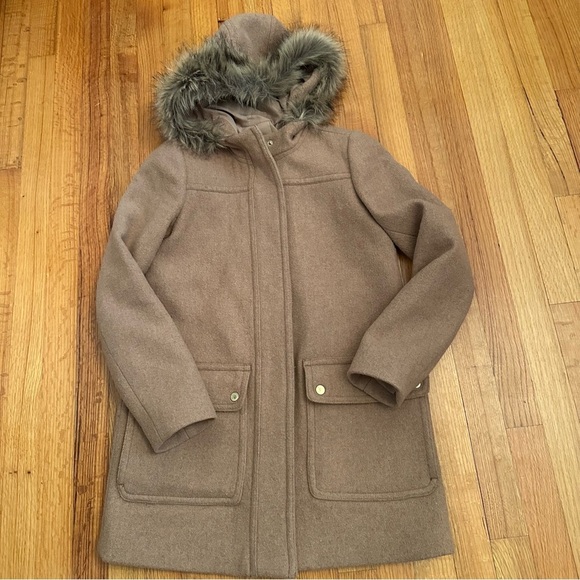 J. Crew Mercantile Sz 00 Tan Wool Blend Vail Coat Fur Trim Hood Preppy Heritage - Picture 1 of 12